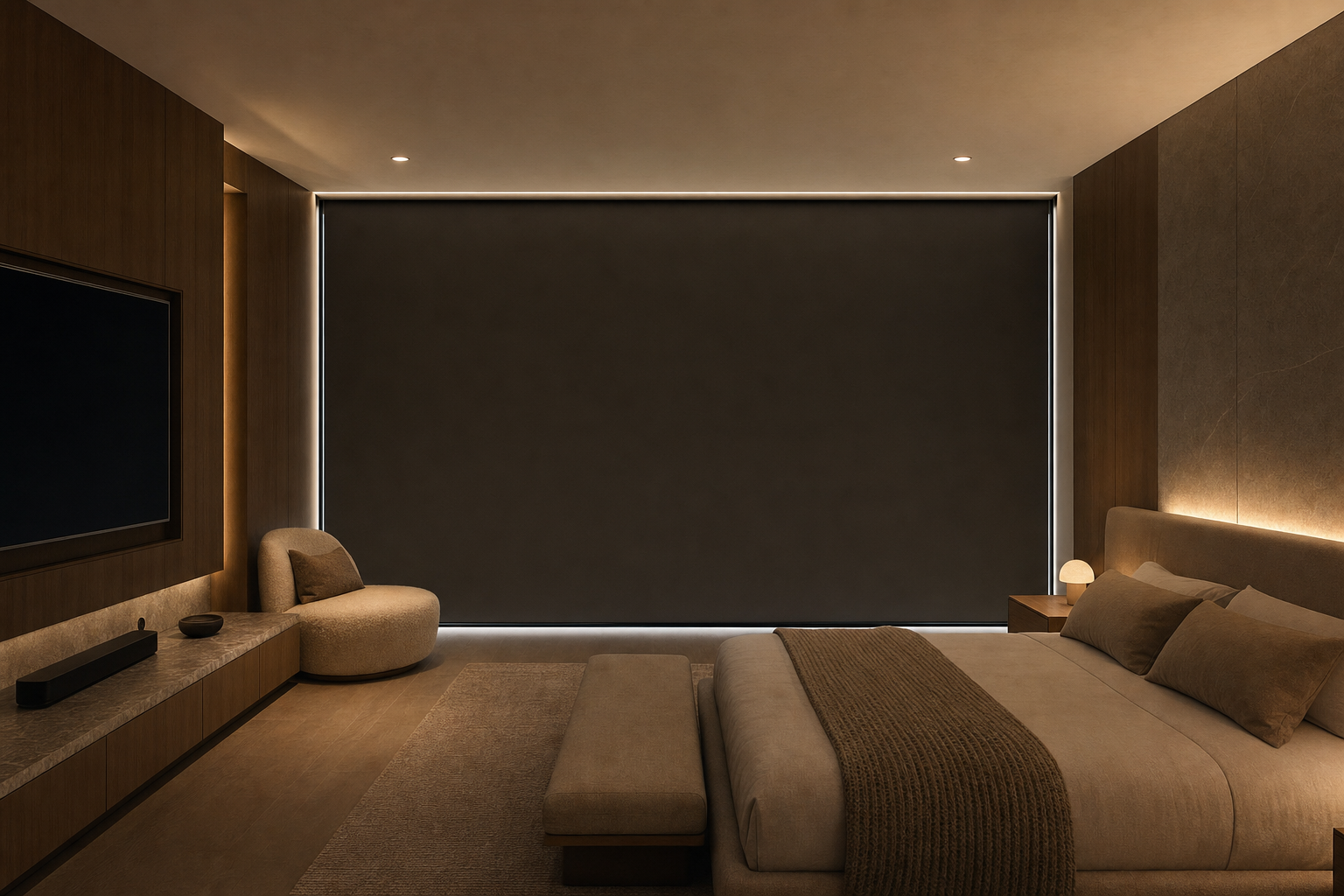 Opaque blackout roller shades with side channels darkening a luxury bedroom