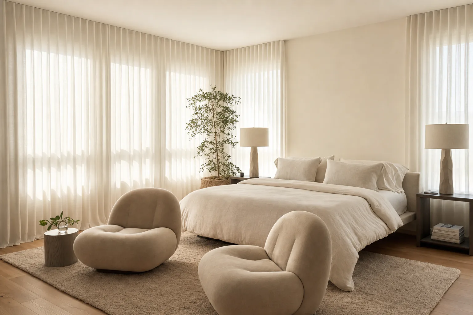 Ceiling-mounted motorized ivory drapes in a serene modern bedroom