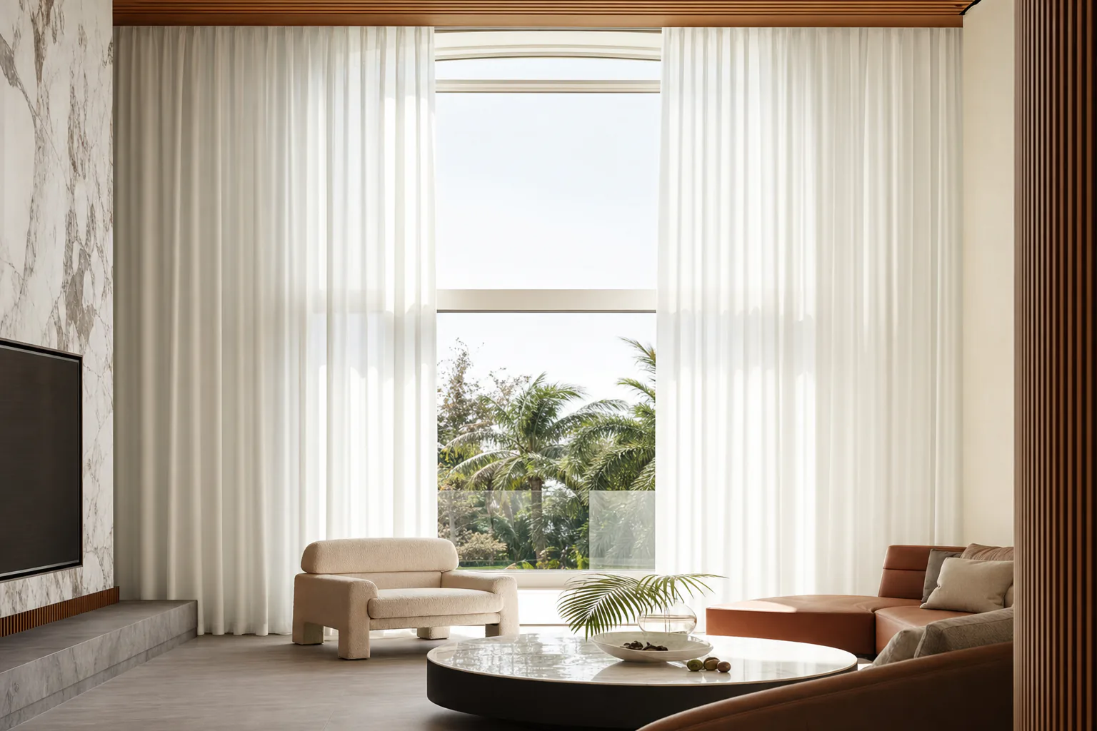 Ceiling-mounted motorized soft white drapes in an airy modern living room