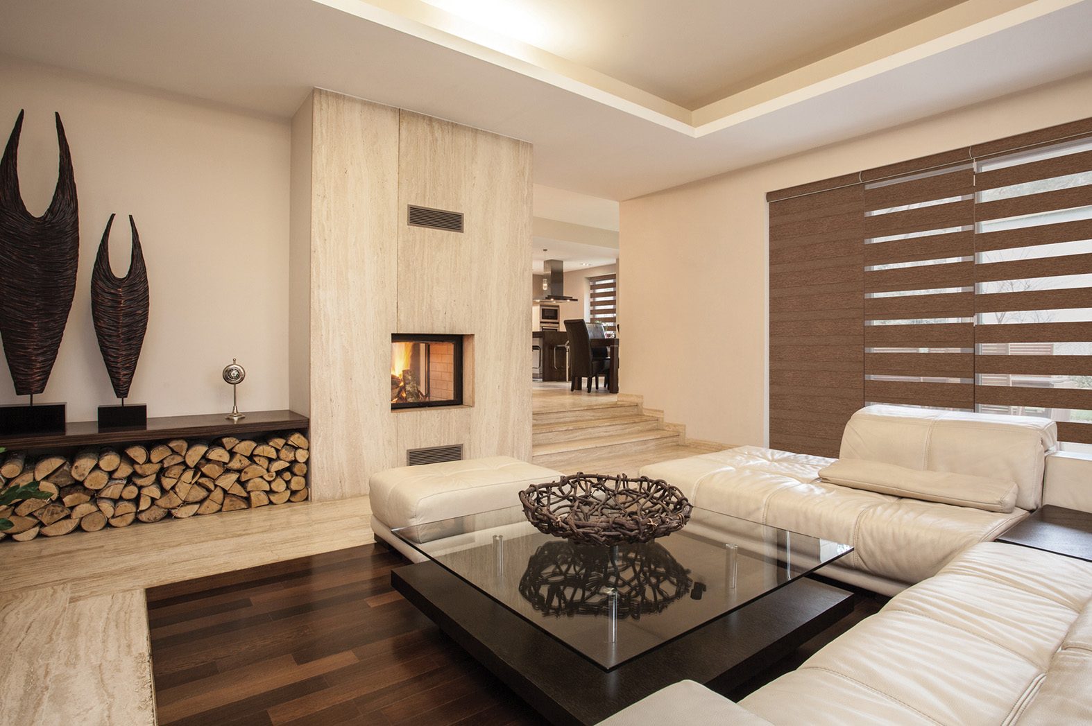 Zebra shades with alternating sheer and opaque horizontal bands in a modern living room
