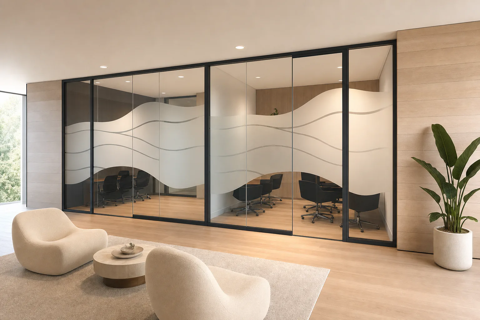 Design Smart Glass Film with custom partial frosted bands across a glass office partition