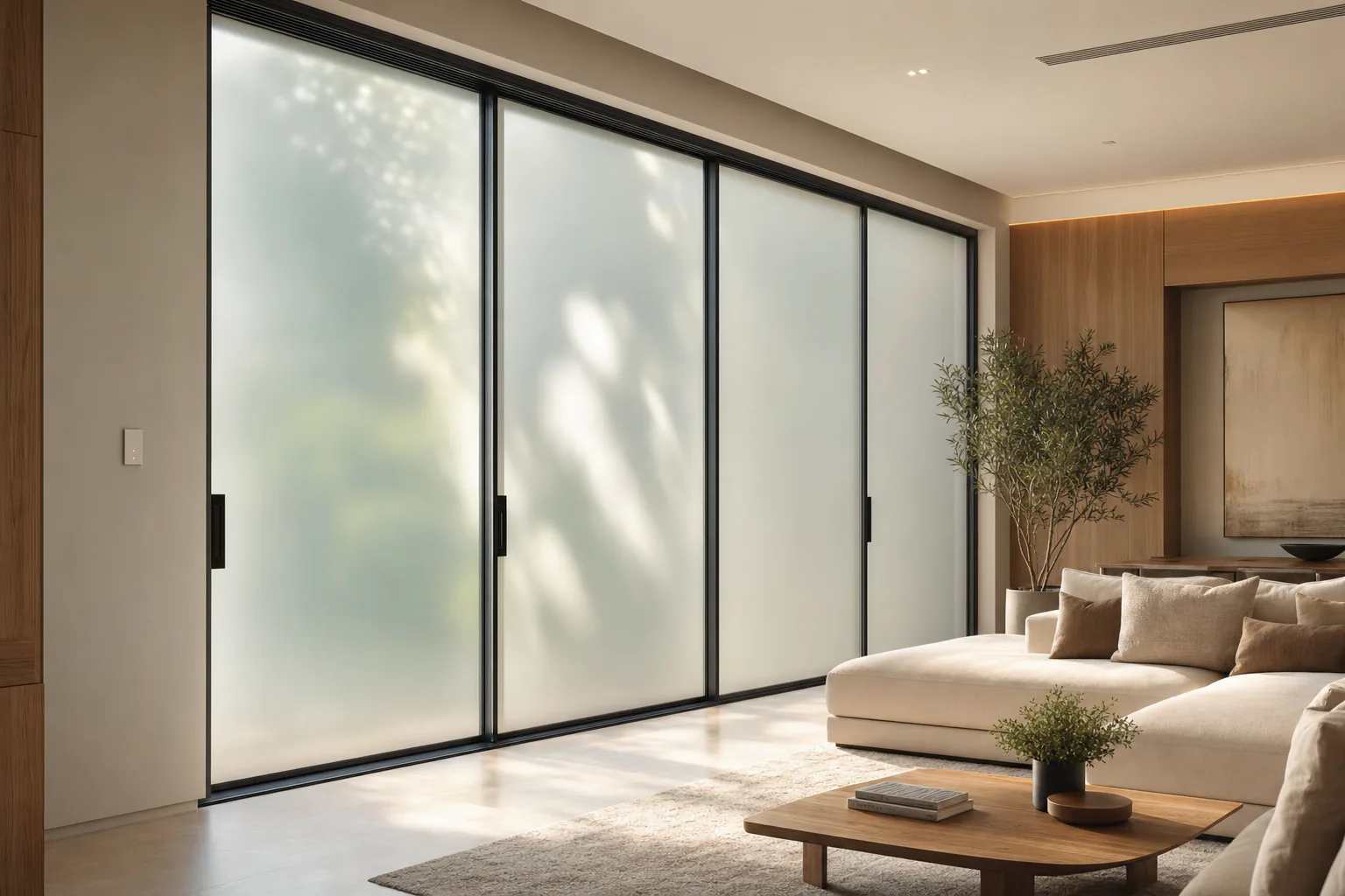 Full-coverage Smart Glass Film in its frosted privacy state across floor-to-ceiling glass doors